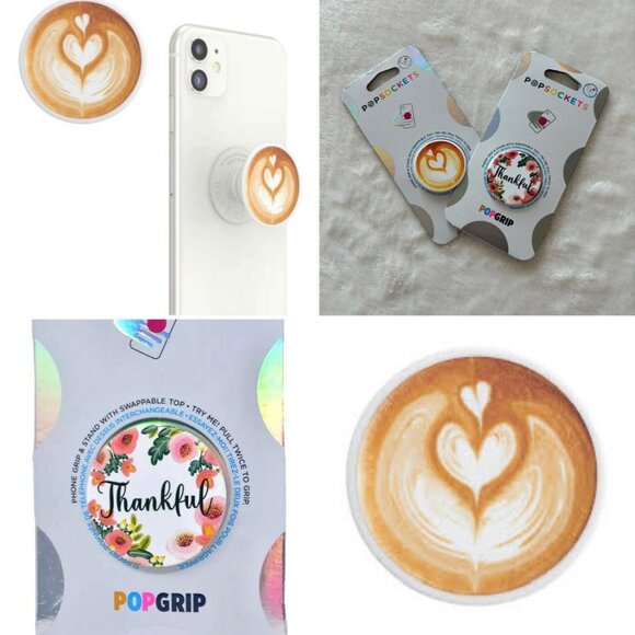 Set of 2 Swapable & Stand Floral & Heart Latte PopSockets with Pop-Grip - Picture 1 of 8
